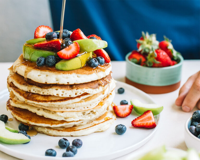 Pancakes with Apples, Strawberries and Blueberries